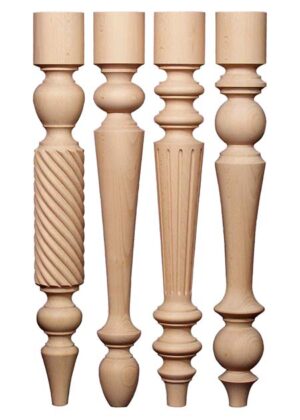 Gambe per tavoli in legno di bellissima forma, con speciali fresature decorative, di altezza identica, TL021